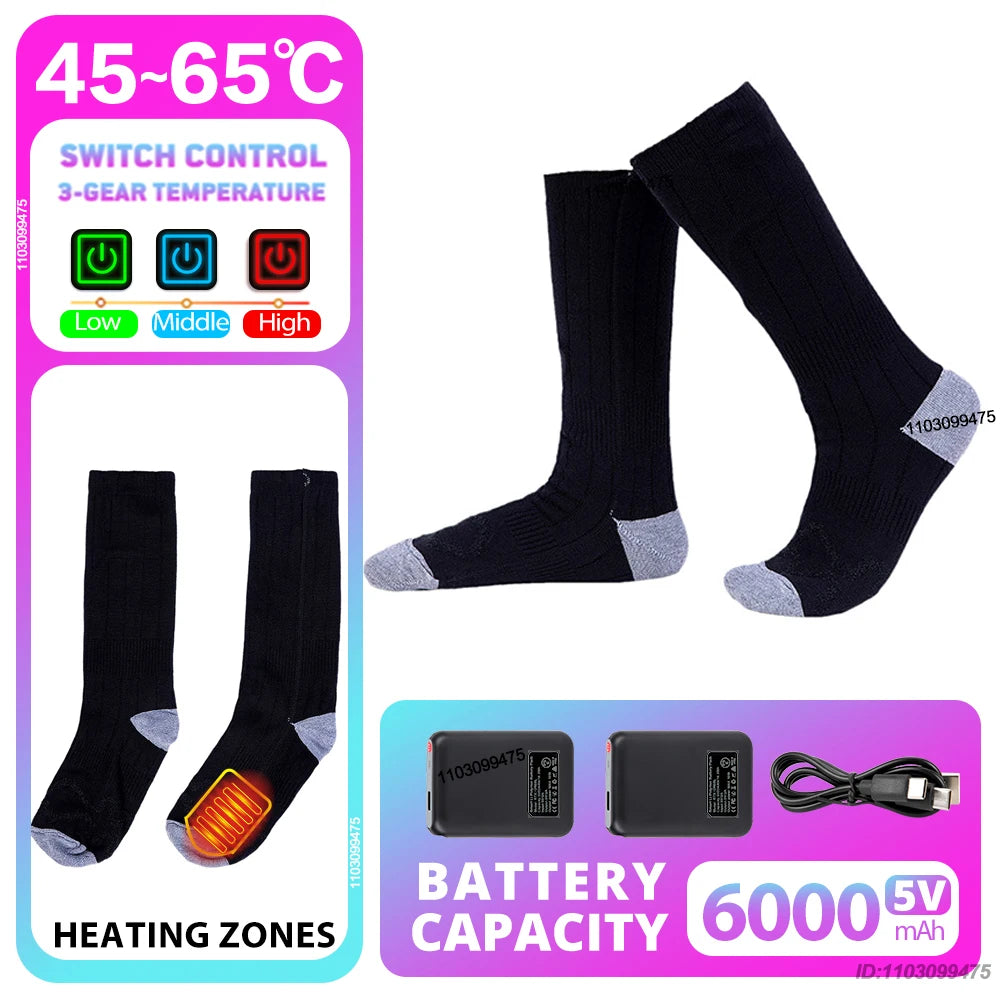 New Heated Socks Rechargeable 6000mah Electric Heated Skiing Socks Snowboarding Outdoor Sports Foot Warmer Winter Thermal Socks