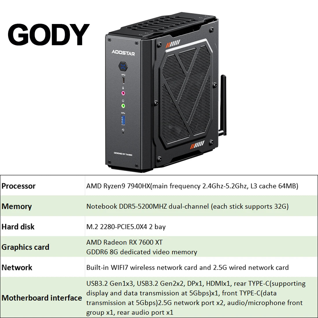 AOOSTAR GODY Mini PC AMD Ryzen 9 7940HX CPU+AMD Radeon RX 7600XT WiFi 7 Graphics High Performance Gaming Desktop Computer