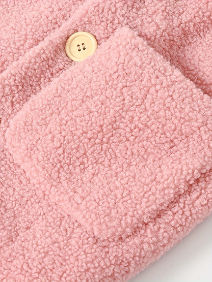 [Cozy Fleece Jacket] Cozy Fleece Jacket for Girls - Two-Tone Color Block with Plush Lining, Long Sleeves & Button Front, Casual Korean Style Winter Outerwear | Button-Up Front Jacket | Plush Lining Jacket