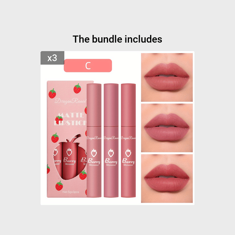 3pcs Strawberry Set Box Velvet Matte Lip Glaze Lipstick Lip Gloss Non-Stick Cup Cute Set