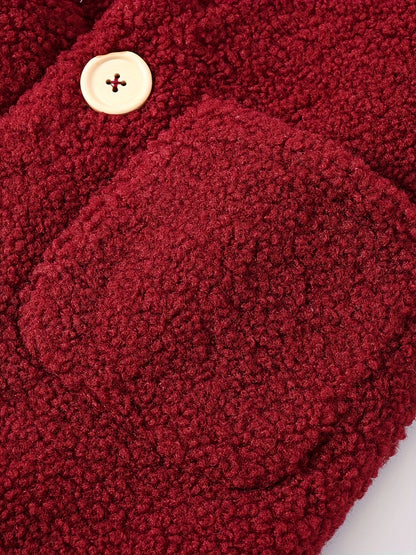 [Cozy Fleece Jacket] Cozy Fleece Jacket for Girls - Two-Tone Color Block with Plush Lining, Long Sleeves & Button Front, Casual Korean Style Winter Outerwear | Button-Up Front Jacket | Plush Lining Jacket