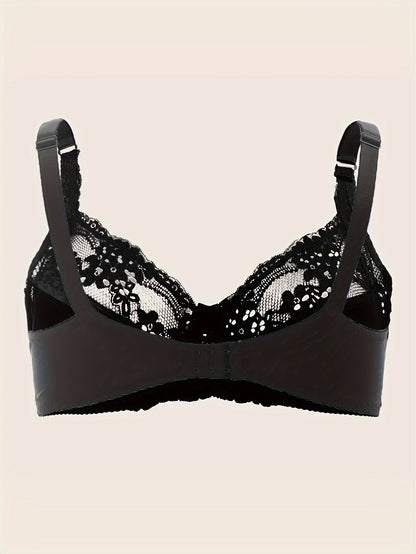 Plus Size Sexy Bra, Women's Plus Comfort Floral Lace Underwire Hook & Eye Soft Bra