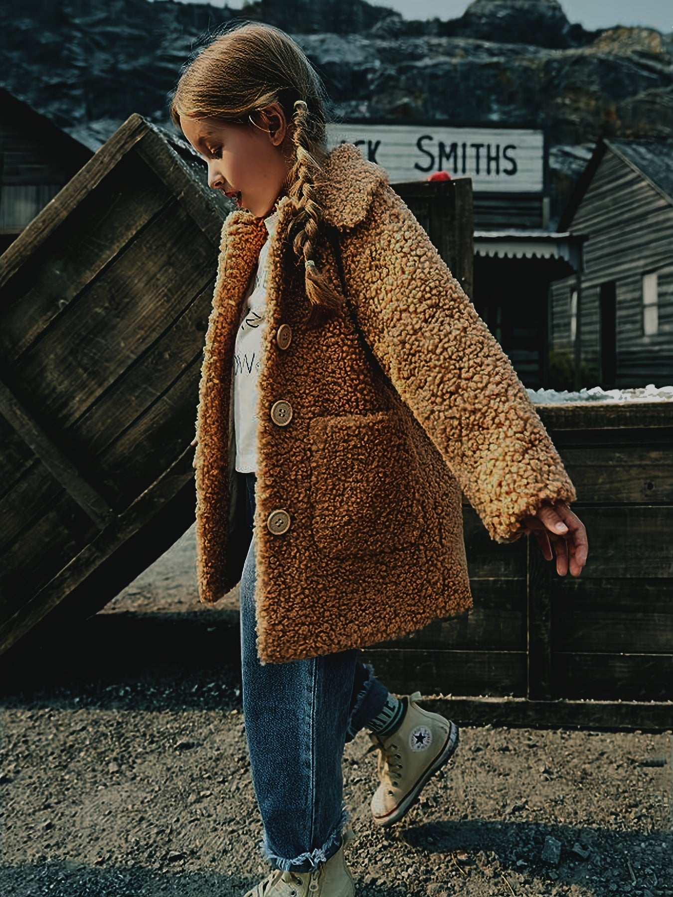 [Cozy Fleece Jacket] Cozy Fleece Jacket for Girls - Two-Tone Color Block with Plush Lining, Long Sleeves & Button Front, Casual Korean Style Winter Outerwear | Button-Up Front Jacket | Plush Lining Jacket