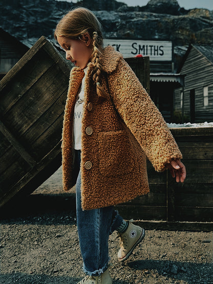 [Cozy Fleece Jacket] Cozy Fleece Jacket for Girls - Two-Tone Color Block with Plush Lining, Long Sleeves & Button Front, Casual Korean Style Winter Outerwear | Button-Up Front Jacket | Plush Lining Jacket