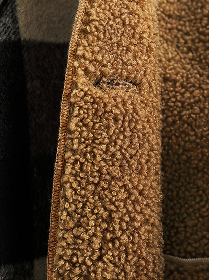 Boys' Cozy Fleece-Lined Plaid Jacket with Button Front, Pockets & Hood - Long Sleeve Casual Winter Coat for Fall/Winter, Brown & Black Checkered Pattern, Cozy Outerwear, Durable Outerwear