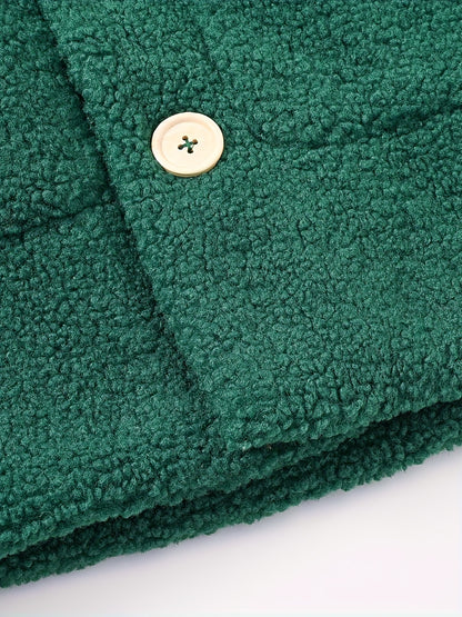 [Cozy Fleece Jacket] Cozy Fleece Jacket for Girls - Two-Tone Color Block with Plush Lining, Long Sleeves & Button Front, Casual Korean Style Winter Outerwear | Button-Up Front Jacket | Plush Lining Jacket