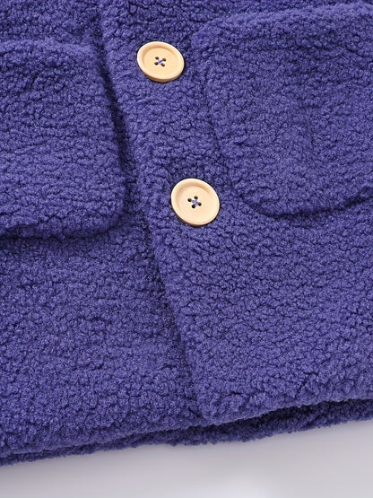 [Cozy Fleece Jacket] Cozy Fleece Jacket for Girls - Two-Tone Color Block with Plush Lining, Long Sleeves & Button Front, Casual Korean Style Winter Outerwear | Button-Up Front Jacket | Plush Lining Jacket