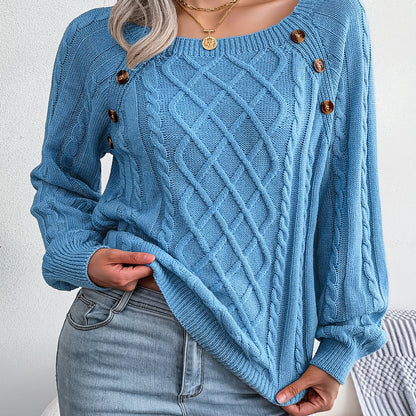 Women's Sweater Round Neck Texture Button Lantern Sleeve Sweater