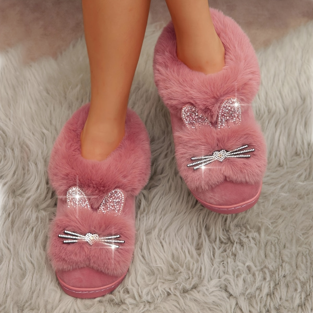 Cute Rabbit Plush Slippers - Soft, Warm, and Cozy Ladies Indoor Shoes for Home, Perfect for Relaxation and Lounging - Comfortable, Breathable, and Anti-Slip Sole Design