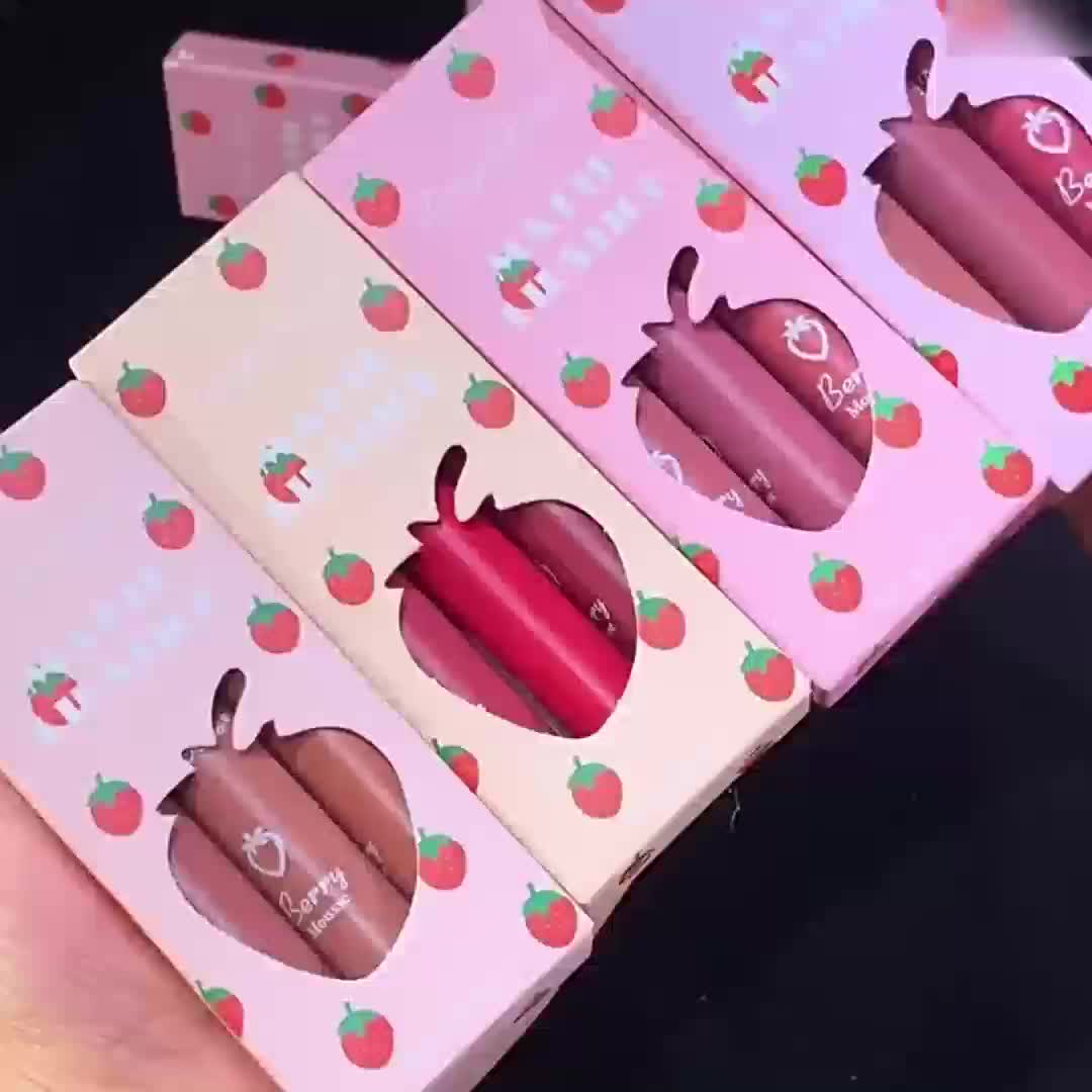 3pcs Strawberry Set Box Velvet Matte Lip Glaze Lipstick Lip Gloss Non-Stick Cup Cute Set