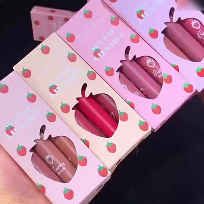 3pcs Strawberry Set Box Velvet Matte Lip Glaze Lipstick Lip Gloss Non-Stick Cup Cute Set