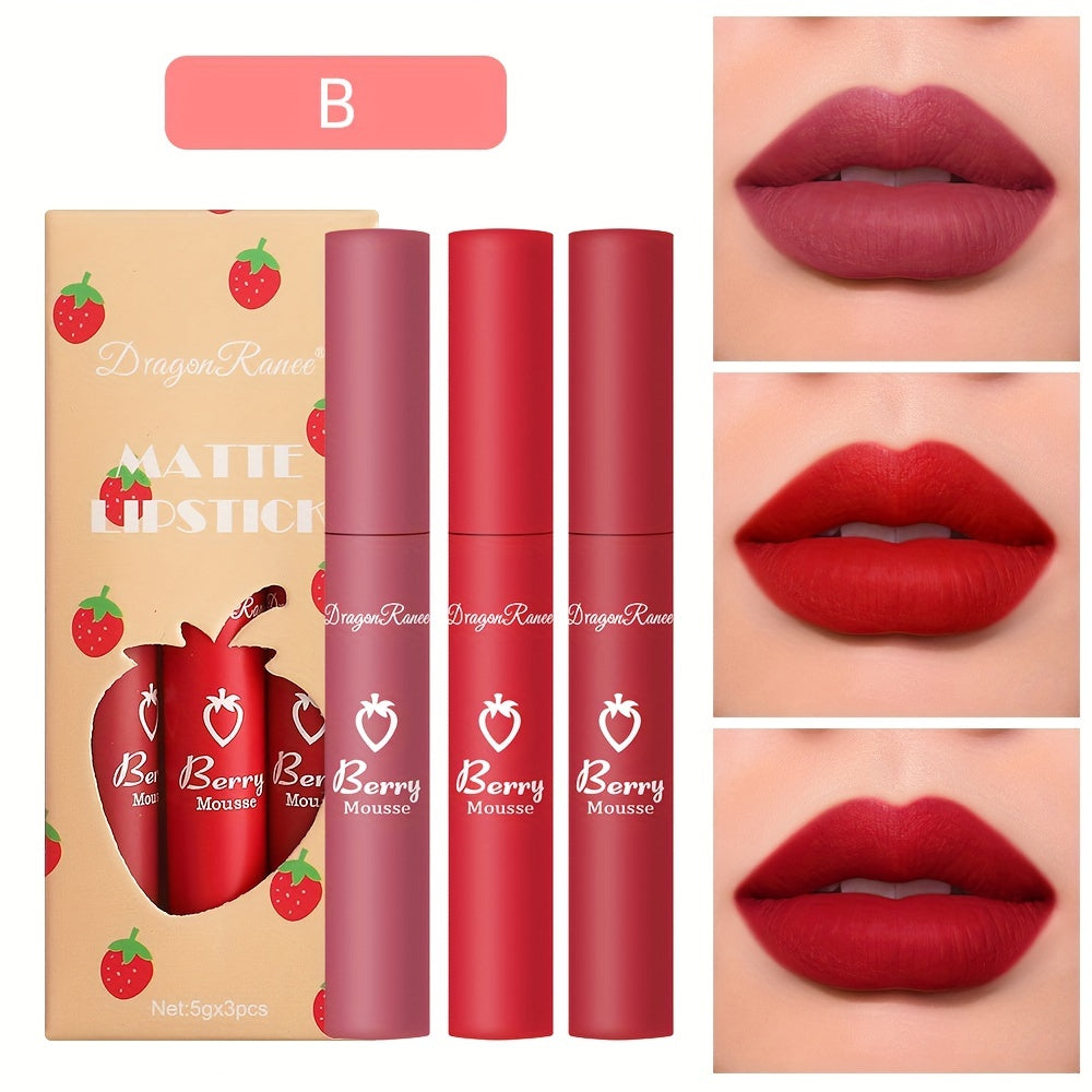 3pcs Strawberry Set Box Velvet Matte Lip Glaze Lipstick Lip Gloss Non-Stick Cup Cute Set