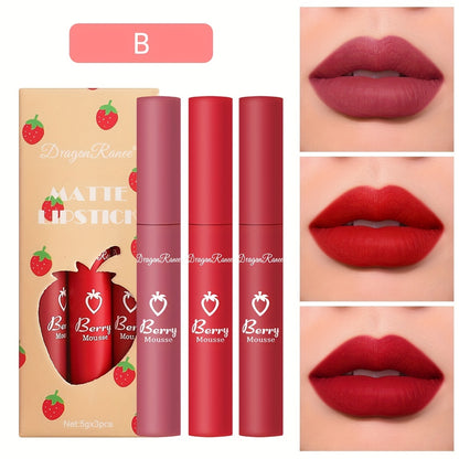 3pcs Strawberry Set Box Velvet Matte Lip Glaze Lipstick Lip Gloss Non-Stick Cup Cute Set