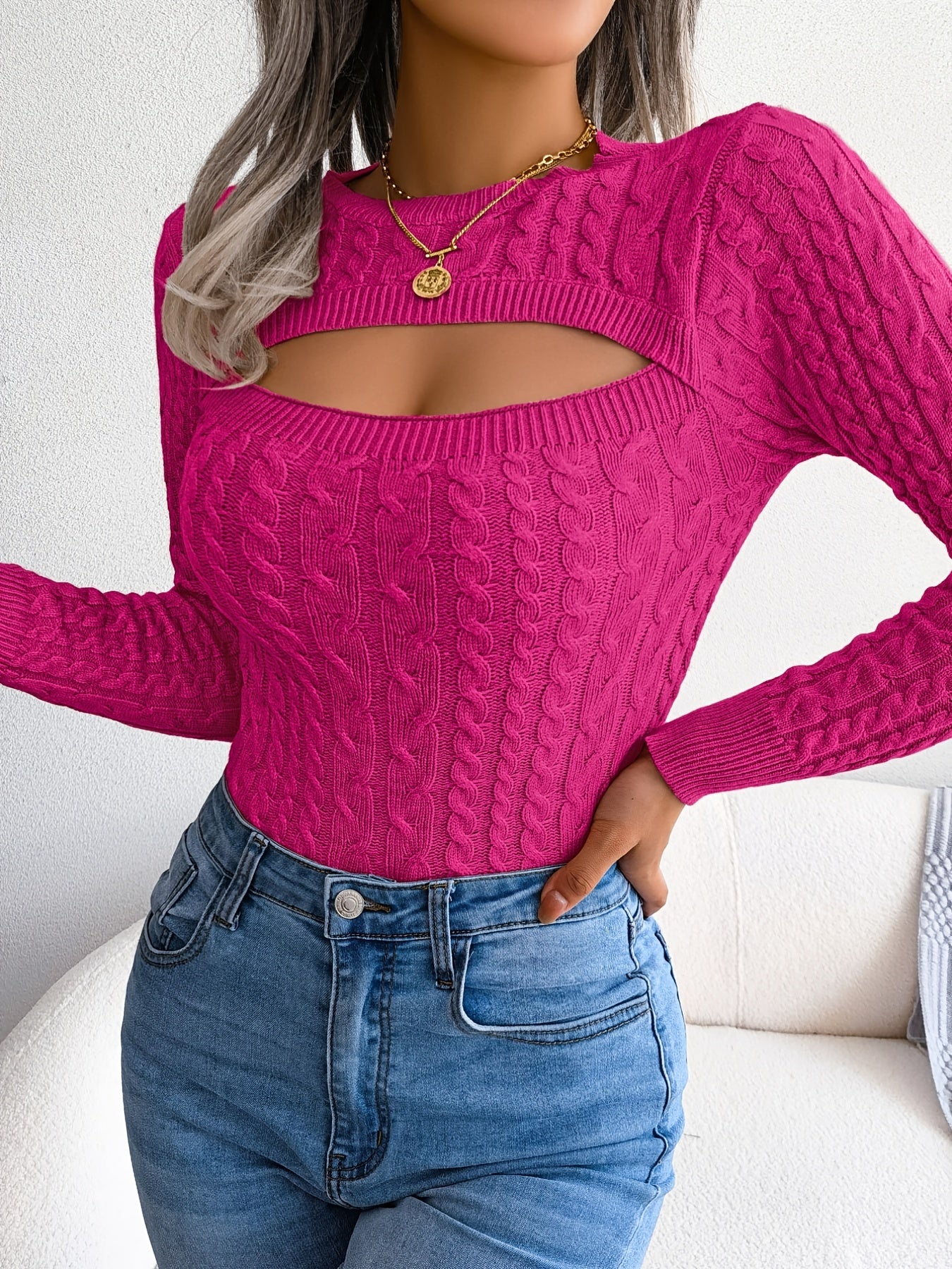 Women'S Sexy Hollow-Out Knit Pullover Sweater, Long Sleeve Crew Neck, Skinny Fit, Acrylic Blend (Polyester 28%, Polyamide 22%, Viscose 28%), High Stretch Fabric, Solid Color, Spring/Fall Fashion Top