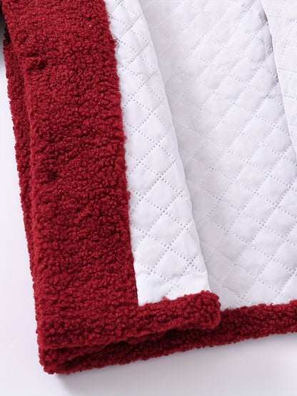 [Cozy Fleece Jacket] Cozy Fleece Jacket for Girls - Two-Tone Color Block with Plush Lining, Long Sleeves & Button Front, Casual Korean Style Winter Outerwear | Button-Up Front Jacket | Plush Lining Jacket