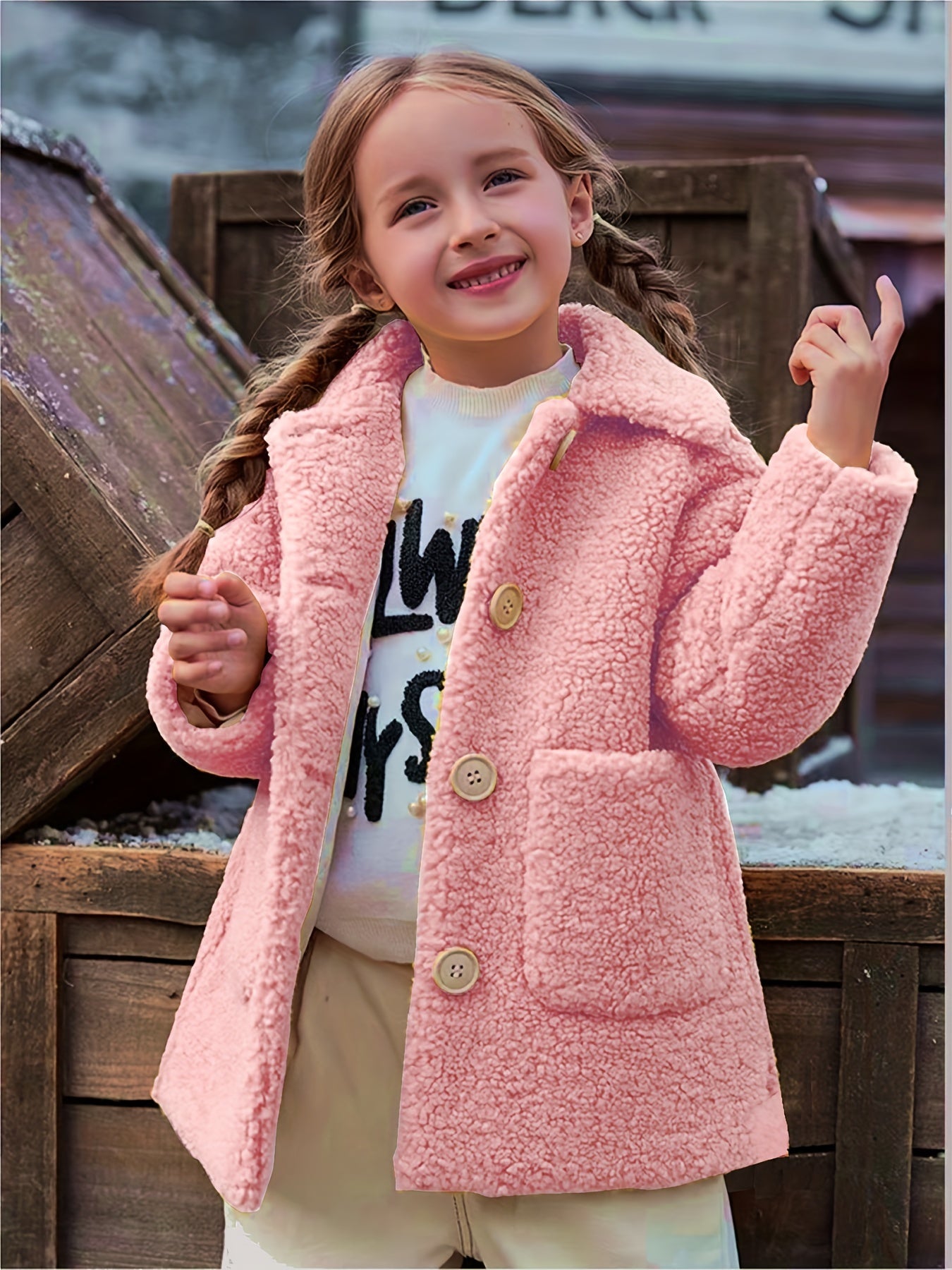 [Cozy Fleece Jacket] Cozy Fleece Jacket for Girls - Two-Tone Color Block with Plush Lining, Long Sleeves & Button Front, Casual Korean Style Winter Outerwear | Button-Up Front Jacket | Plush Lining Jacket