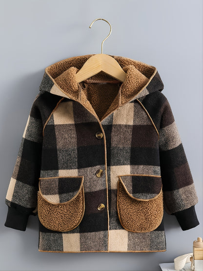 Boys' Cozy Fleece-Lined Plaid Jacket with Button Front, Pockets & Hood - Long Sleeve Casual Winter Coat for Fall/Winter, Brown & Black Checkered Pattern, Cozy Outerwear, Durable Outerwear
