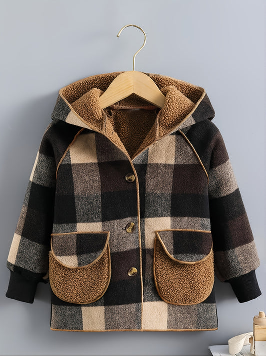 Boys' Cozy Fleece-Lined Plaid Jacket with Button Front, Pockets & Hood - Long Sleeve Casual Winter Coat for Fall/Winter, Brown & Black Checkered Pattern, Cozy Outerwear, Durable Outerwear
