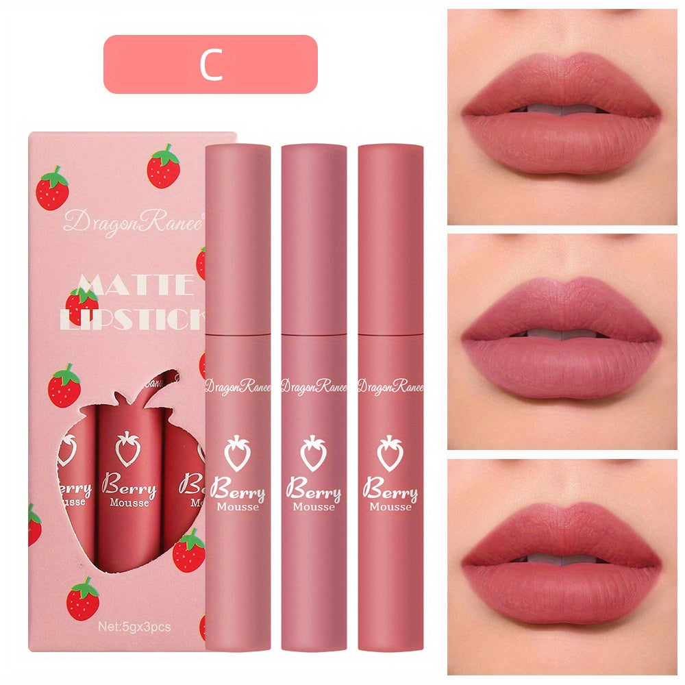 3pcs Strawberry Set Box Velvet Matte Lip Glaze Lipstick Lip Gloss Non-Stick Cup Cute Set