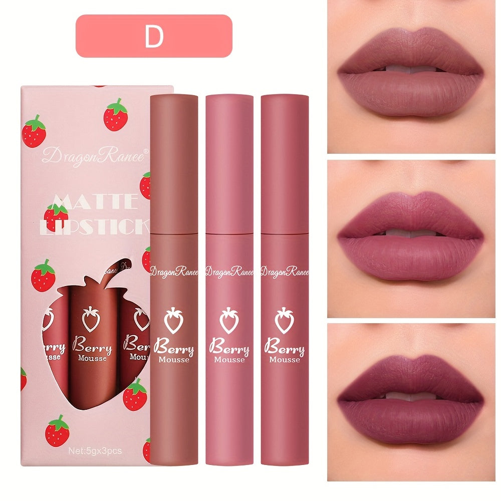 3pcs Strawberry Set Box Velvet Matte Lip Glaze Lipstick Lip Gloss Non-Stick Cup Cute Set