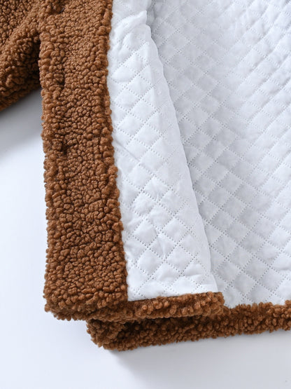 [Cozy Fleece Jacket] Cozy Fleece Jacket for Girls - Two-Tone Color Block with Plush Lining, Long Sleeves & Button Front, Casual Korean Style Winter Outerwear | Button-Up Front Jacket | Plush Lining Jacket