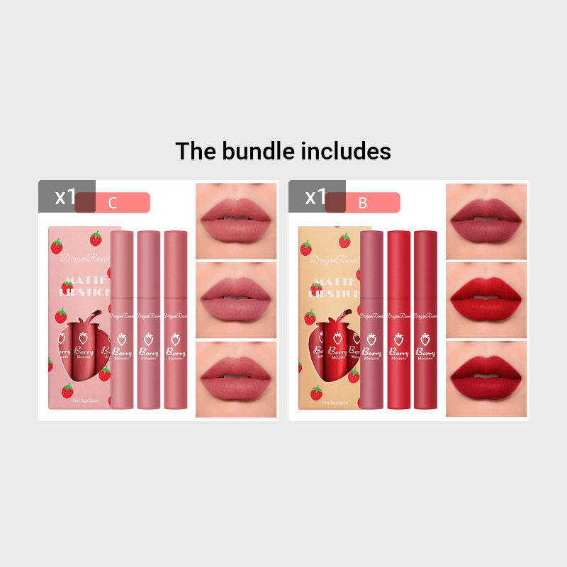 3pcs Strawberry Set Box Velvet Matte Lip Glaze Lipstick Lip Gloss Non-Stick Cup Cute Set