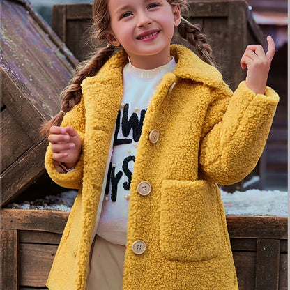 [Cozy Fleece Jacket] Cozy Fleece Jacket for Girls - Two-Tone Color Block with Plush Lining, Long Sleeves & Button Front, Casual Korean Style Winter Outerwear | Button-Up Front Jacket | Plush Lining Jacket