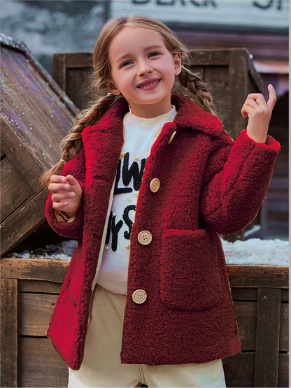 [Cozy Fleece Jacket] Cozy Fleece Jacket for Girls - Two-Tone Color Block with Plush Lining, Long Sleeves & Button Front, Casual Korean Style Winter Outerwear | Button-Up Front Jacket | Plush Lining Jacket