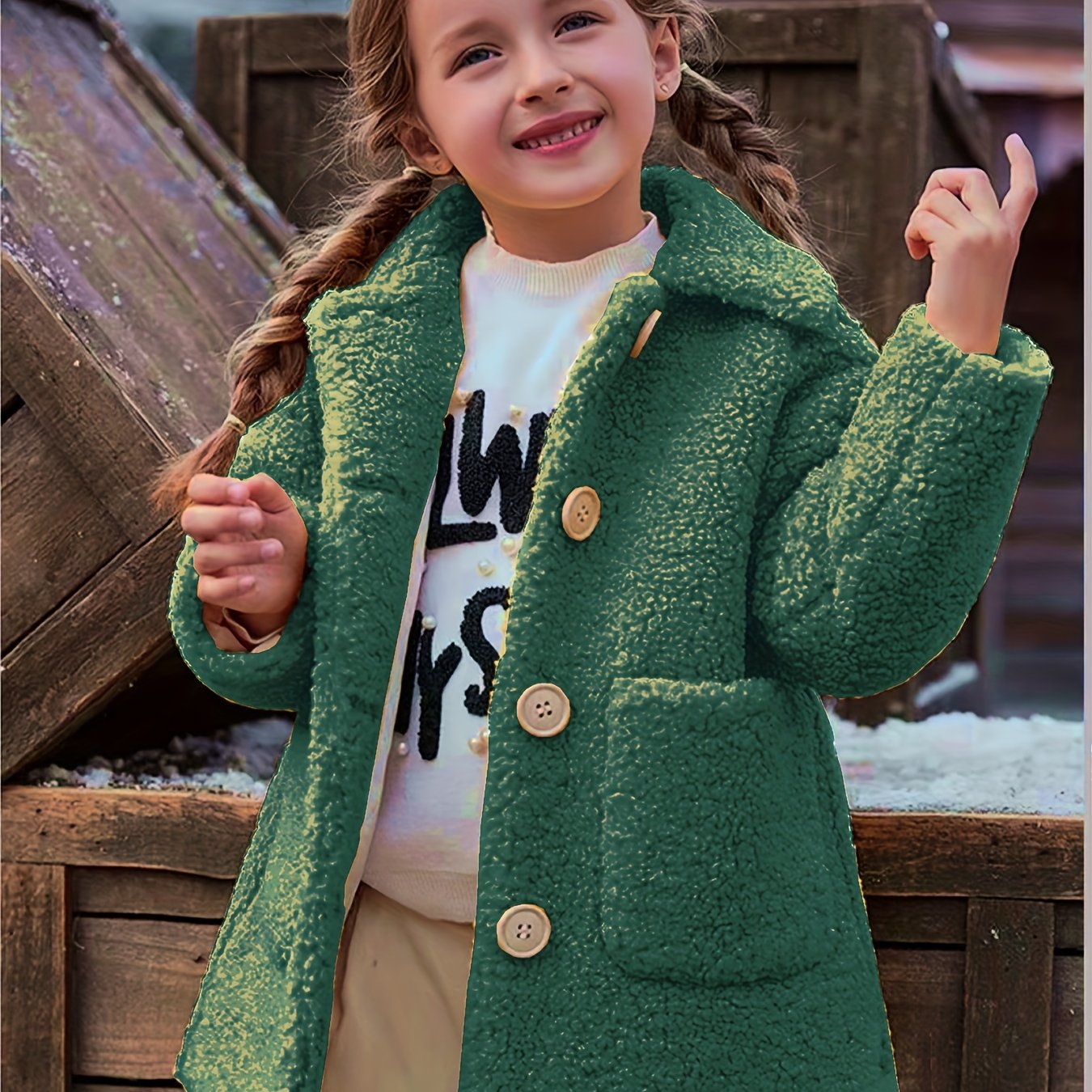 [Cozy Fleece Jacket] Cozy Fleece Jacket for Girls - Two-Tone Color Block with Plush Lining, Long Sleeves & Button Front, Casual Korean Style Winter Outerwear | Button-Up Front Jacket | Plush Lining Jacket