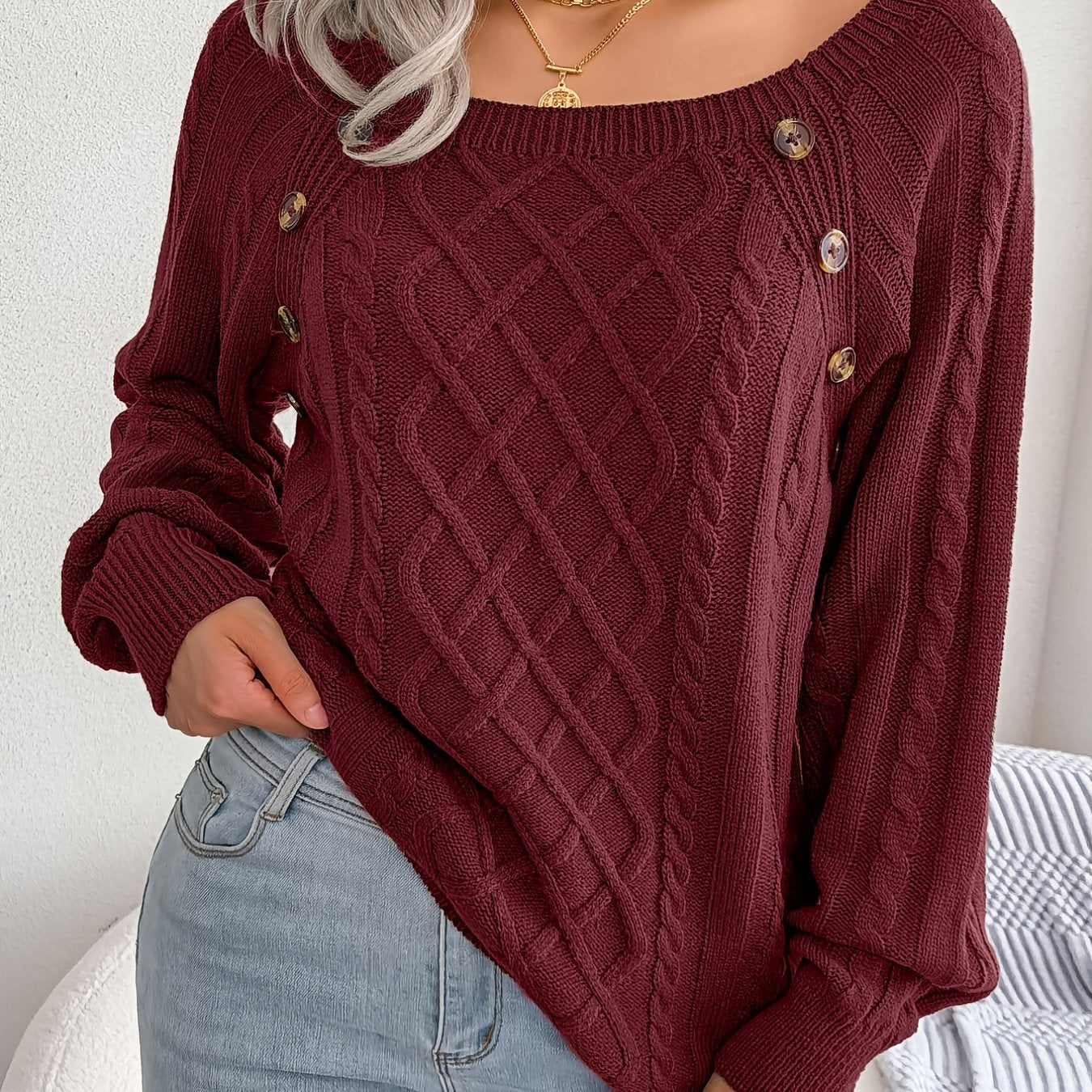 Women's Sweater Round Neck Texture Button Lantern Sleeve Sweater