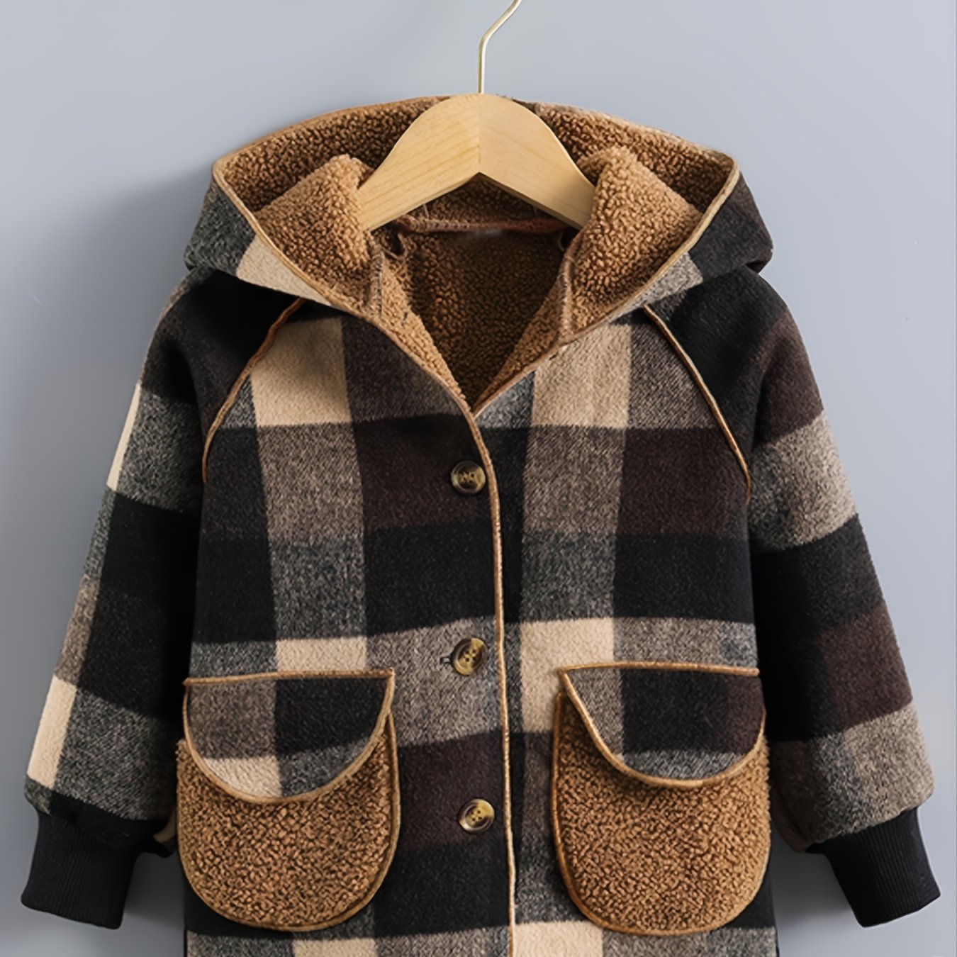 Boys' Cozy Fleece-Lined Plaid Jacket with Button Front, Pockets & Hood - Long Sleeve Casual Winter Coat for Fall/Winter, Brown & Black Checkered Pattern, Cozy Outerwear, Durable Outerwear