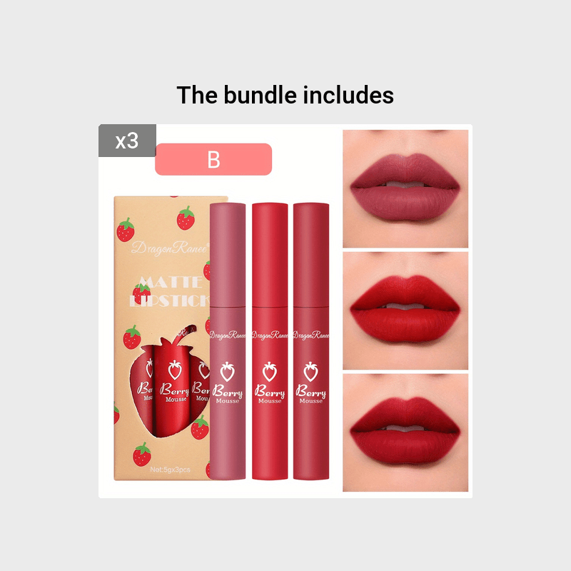 3pcs Strawberry Set Box Velvet Matte Lip Glaze Lipstick Lip Gloss Non-Stick Cup Cute Set
