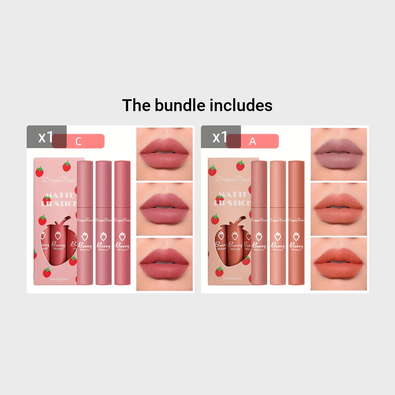 3pcs Strawberry Set Box Velvet Matte Lip Glaze Lipstick Lip Gloss Non-Stick Cup Cute Set