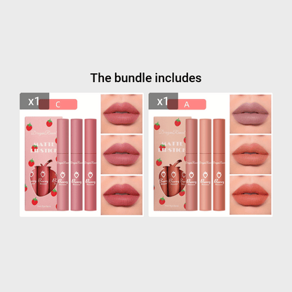 3pcs Strawberry Set Box Velvet Matte Lip Glaze Lipstick Lip Gloss Non-Stick Cup Cute Set