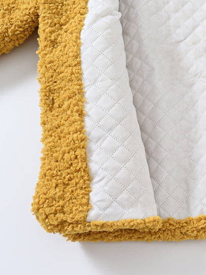 [Cozy Fleece Jacket] Cozy Fleece Jacket for Girls - Two-Tone Color Block with Plush Lining, Long Sleeves & Button Front, Casual Korean Style Winter Outerwear | Button-Up Front Jacket | Plush Lining Jacket