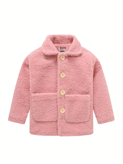[Cozy Fleece Jacket] Cozy Fleece Jacket for Girls - Two-Tone Color Block with Plush Lining, Long Sleeves & Button Front, Casual Korean Style Winter Outerwear | Button-Up Front Jacket | Plush Lining Jacket
