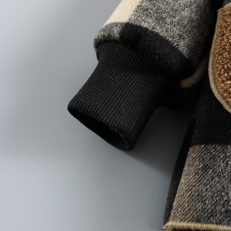 Boys' Cozy Fleece-Lined Plaid Jacket with Button Front, Pockets & Hood - Long Sleeve Casual Winter Coat for Fall/Winter, Brown & Black Checkered Pattern, Cozy Outerwear, Durable Outerwear