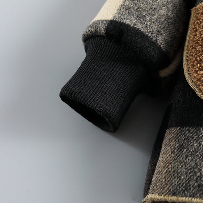 Boys' Cozy Fleece-Lined Plaid Jacket with Button Front, Pockets & Hood - Long Sleeve Casual Winter Coat for Fall/Winter, Brown & Black Checkered Pattern, Cozy Outerwear, Durable Outerwear