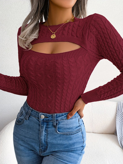 Women'S Sexy Hollow-Out Knit Pullover Sweater, Long Sleeve Crew Neck, Skinny Fit, Acrylic Blend (Polyester 28%, Polyamide 22%, Viscose 28%), High Stretch Fabric, Solid Color, Spring/Fall Fashion Top