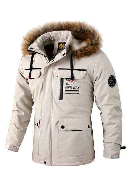 Men'S Winter Windbreaker Jacket with Warm Hood - Maroon Zip-Up Outdoor Coat, Stand Collar, Multiple Pockets, Casual Sporty Design for Cold Weather, Winter Jacket