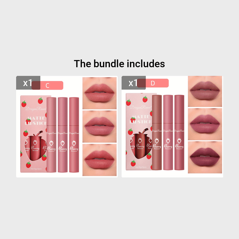 3pcs Strawberry Set Box Velvet Matte Lip Glaze Lipstick Lip Gloss Non-Stick Cup Cute Set
