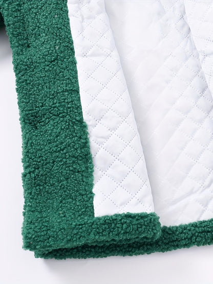 [Cozy Fleece Jacket] Cozy Fleece Jacket for Girls - Two-Tone Color Block with Plush Lining, Long Sleeves & Button Front, Casual Korean Style Winter Outerwear | Button-Up Front Jacket | Plush Lining Jacket