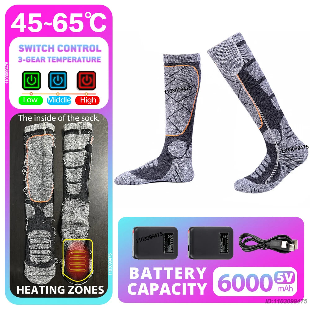 New Heated Socks Rechargeable 6000mah Electric Heated Skiing Socks Snowboarding Outdoor Sports Foot Warmer Winter Thermal Socks