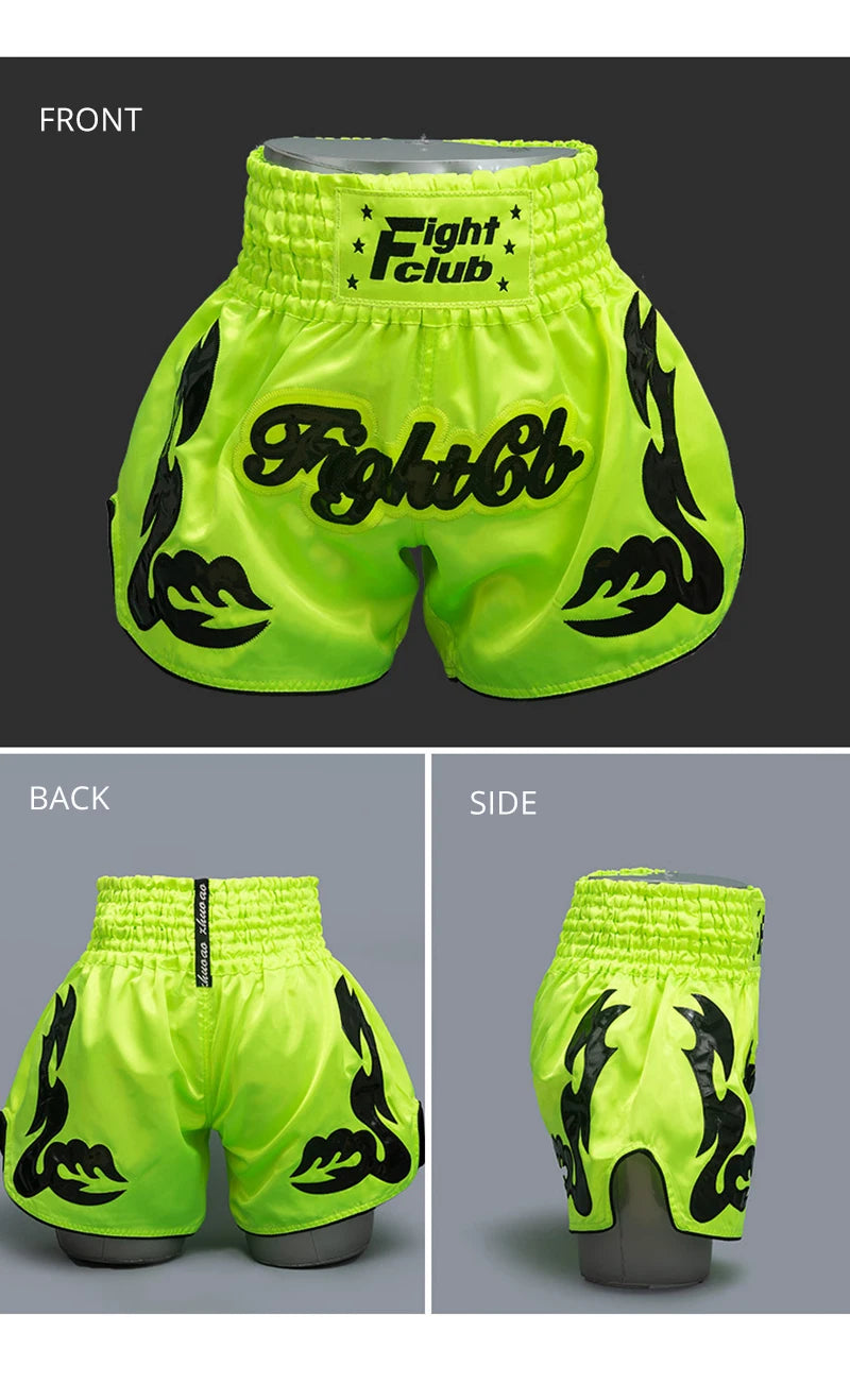 Muay Thai Shorts Thailand Embroidery Boxing Shorts Men Women Kids Satin MMA Clothes Gym Grappling Cage Fight Kickboxing Pants