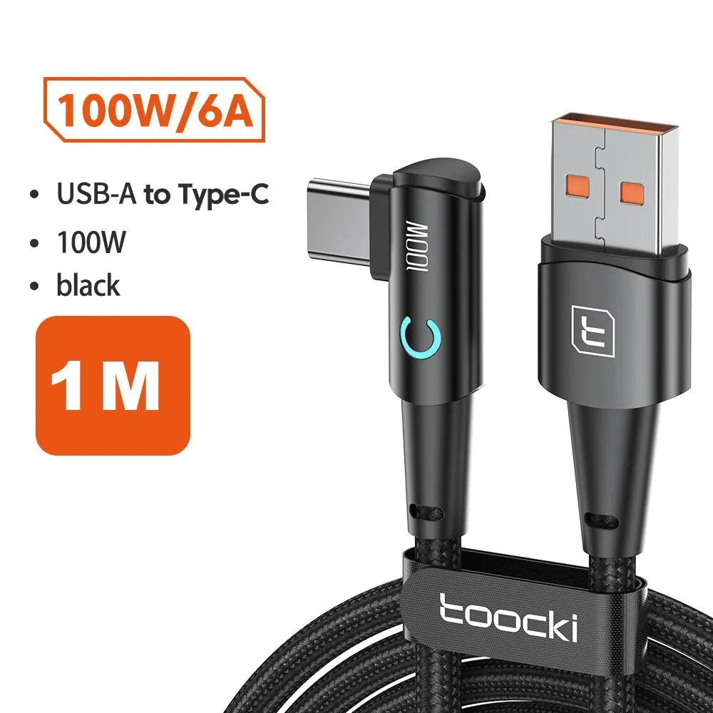 Toocki 6A USB C Cable 90 Degree For OPPO 100W Fast Charging Cord For Honor Huawei Oneplus Realme Charger Data Wire