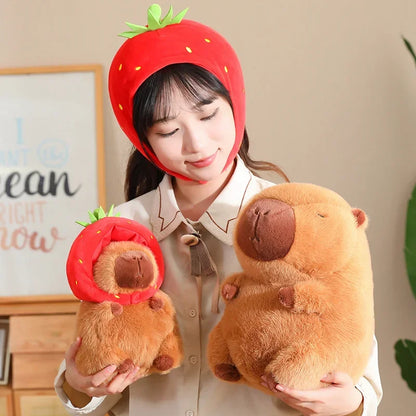 Strawberry Hat Capybara Plush Toy Simulation Turtle Backpack Capibara Stuffed Animals Papa Hand Circle Ring Small size Pendant