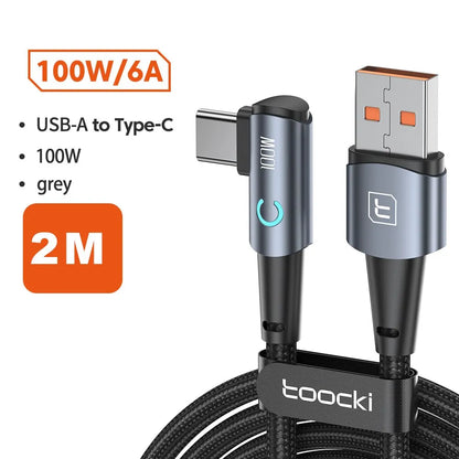 Toocki 6A USB C Cable 90 Degree For OPPO 100W Fast Charging Cord For Honor Huawei Oneplus Realme Charger Data Wire