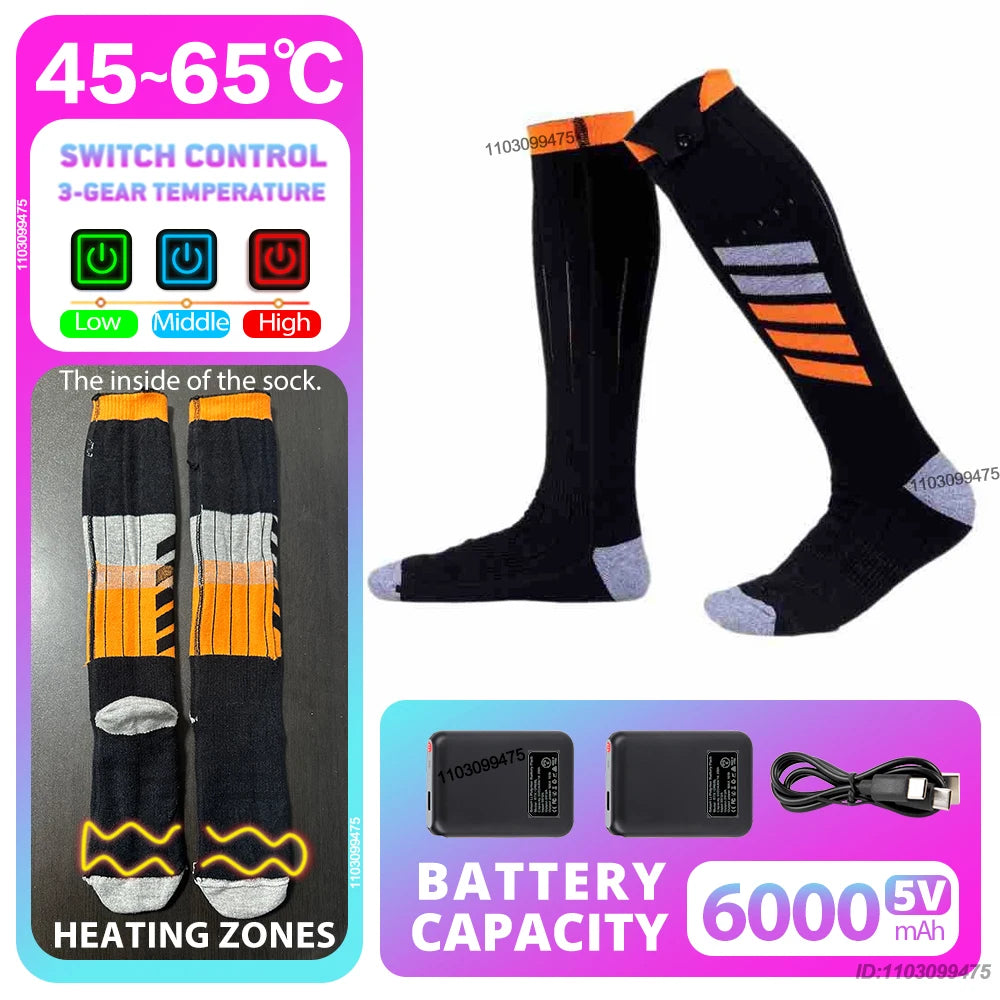 New Heated Socks Rechargeable 6000mah Electric Heated Skiing Socks Snowboarding Outdoor Sports Foot Warmer Winter Thermal Socks