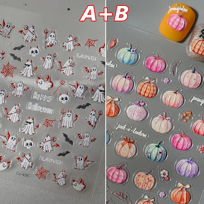 2/1Pcs Pumkin Spider Web Nail Stickers Halloween Ghost Nail Art Decals Adhesive Gel Decals Sliders Tattoo Manicure Decorations