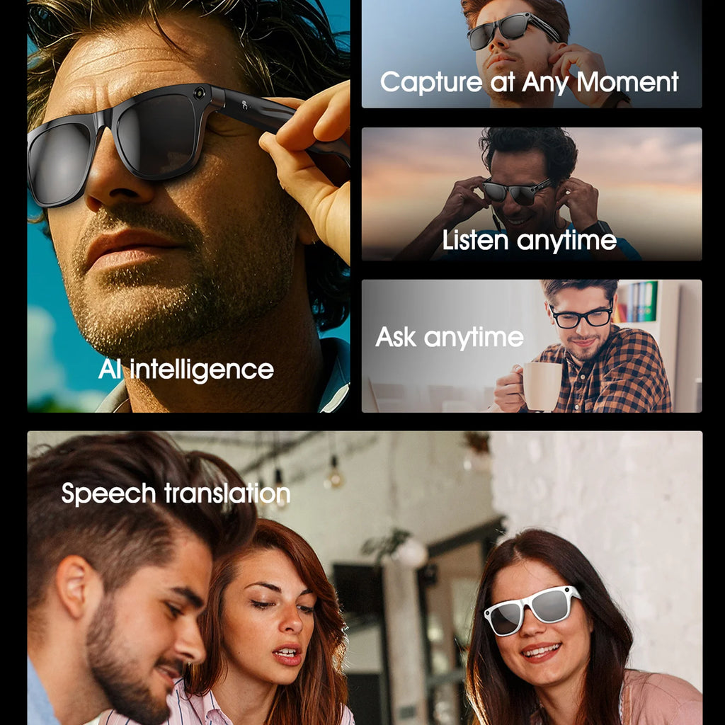Smart Glasses for Men Women Translation Earphones AI Voice Assistant Sunglasses HD Camera Function Photo Video Music Glasses